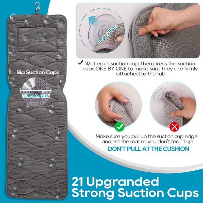 OMYSTYLE Full Body Bath Pillow  Bath Pillows for tub with Mesh Washing Bag & 21 Non-Slip Suction Cups  Spa Bathtub Pillow for Head Neck Shoulder and Back Support - 5D Air Mesh & Quick Drying | Gray - Image 2